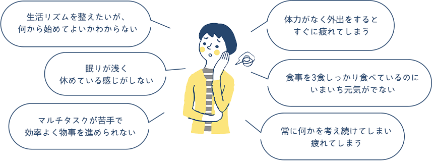生活リズムを整えたいが、何から始めてよいかわからない 眠りが浅く休めている感じがしない マルチタスクが苦手で効率よく物事を進められない 体力がなく外出をするとすぐに疲れてしまう 食事を3食しっかり食べているのにいまいち元気がでない 常に何かを考え続けてしまい疲れてしまう