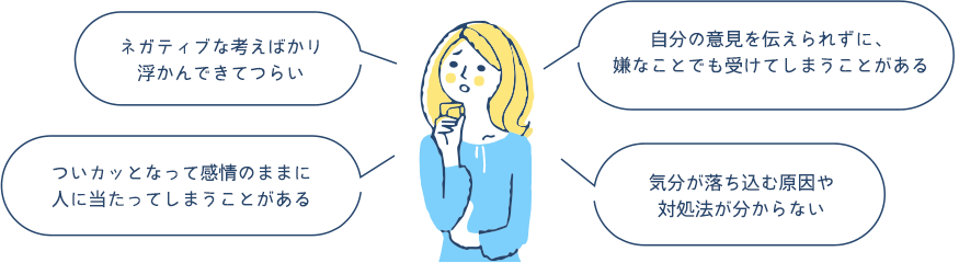 ネガティブな考えばかり浮かんできてつらい 自分の意見を伝えられずに、嫌なことでも受けてしまうことがある ついカッとなって感情のままに人に当たってしまうことがある 気分が落ち込む原因や対処法が分からない